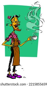 Funny cartoon sketch of a boy or man barista holding cup of hot coffee. Cartoon sketch illustration hand drawn with ink pen. Vector