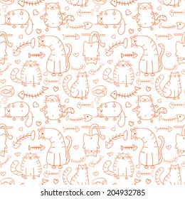 Funny cartoon sketch cats with  fish skeletons seamless pattern background 