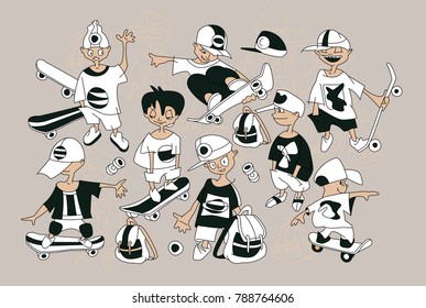 Funny cartoon sketch of teenager boys. Skateboarder doing a jumping trick, vector illustration. Playing kids.