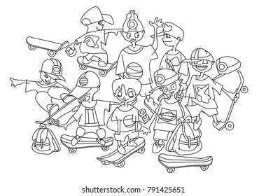 Funny cartoon sketch of teenager boys. Skateboarder doing a jumping trick, vector illustration. Playing kids.