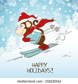 Funny cartoon skiing monkey. Symbol of the New Year 2016. New Year and Christmas greeting card.