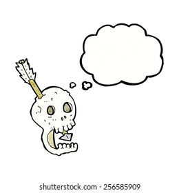 funny cartoon skull and arrow with thought bubble