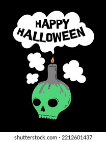 Funny cartoon skull with candle and cloud of smoke. Hand Drawn Halloween card design. 
