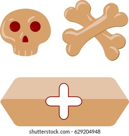 Funny cartoon skull cross-bones hearse bier coffin. 