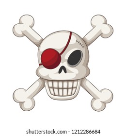 Funny cartoon skull with eye batch and crossbones, vector illustration