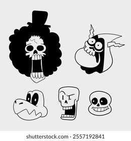 Funny cartoon skull face set vector illustration retro. Cute Monsters Face classic 80s