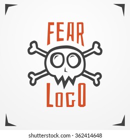 Funny cartoon skull logo. Simplistic grungy skull with bones and sample text. Hand drawn skull emblem. Skull vector stock image.