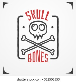 Funny cartoon skull logo. Simplistic grungy skull with bones and sample text. Hand drawn skull emblem. Skull vector stock illustration.