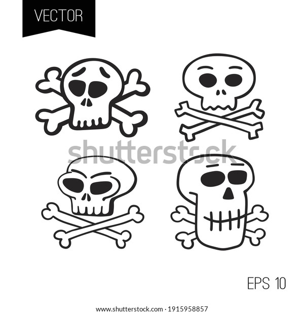 Funny cartoon skulls and crossbones vector set.\
Icon or logo or tiny\
tattoo.