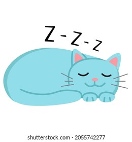 Funny cartoon sleeping cat, cute vector illustration in flat style. Blue cat. Smiling fat kitten. Positive print for sticker, cards, clothes, textile, design and decor