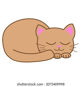 Funny cartoon sleeping cat, cute vector illustration in flat style. Beige cat. Smiling fat kitten. Positive print for sticker, cards, clothes, textile, design and decor. 