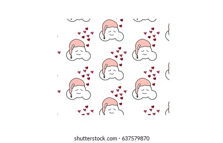Funny cartoon sleeping cloud in pink sleeping hood on white background with hearts.Hand drawn. Kids style.Seamless pattern vector.