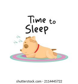 Funny cartoon sleeping dog portrait. Cute dozing flat character. Happy resting puppy of terrier isolated on white background. Napping doggy wearing red collar. Colorful vector illustration.