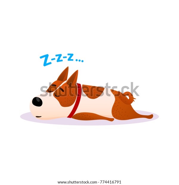 おかしな漫画の寝犬のポートレート かわいいうたた寝坊 白い背景にテリアの幸せな永眠の子犬 赤い襟を着た昼寝中の犬 カラフルなベクターイラスト のベクター画像素材 ロイヤリティフリー
