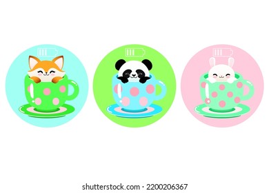 funny cartoon sleeping fox, panda and rabbit in cups on colored background. cute animals relaxing. charging battery. colorful vector illustration. 