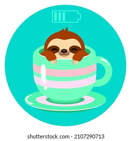 funny cartoon sleeping sloth in cup on blue background. cute lazy animal with charging battery. colorful vector illustration. 