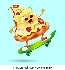 funny cartoon slice of pizza on skateboard on blue background. fast food icon concept. delivery service. vector illustration. 