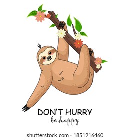 Funny cartoon sloth. Adorable hand drawn baby sloth characters hanging on the tree.  Funny childish character.