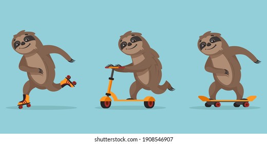 Funny cartoon sloth. Animal riding on skateboard, roller skates and scooter.