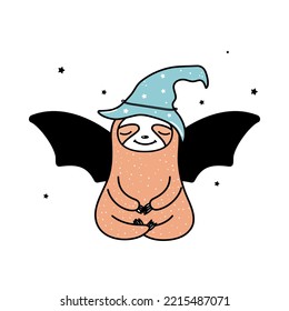 Funny cartoon sloth with bat's wings vector illustration. Lazy Halloween art