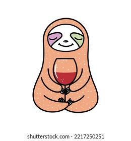 Funny cartoon sloth with glass of red wine vector illustration. Lazy holidays concept