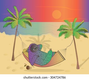 funny cartoon sloth in hammock on the beach