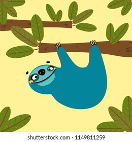 Funny cartoon sloth hanging on the branch of tree, cute vector illustration