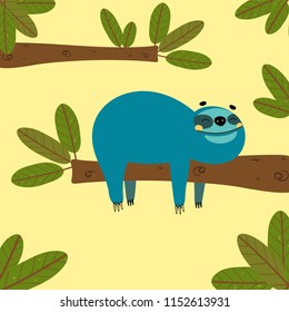 Funny cartoon sloth hanging on the branch of tree and relaxing, cute vector illustration