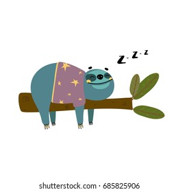 Funny cartoon sloth hanging on the tree and sleeping, cute vector illustration in childish style
