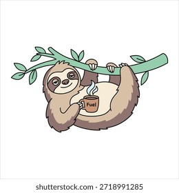 Engraçado desenho animado preguiça pendurado de um galho de árvore segurando uma xícara de café quente rotulado Combustível. Ilustração de vetor bonito de um animal preguiçoso que precisa de cafeína, isolado no branco. Perfeito para design de camiseta e adesivos de humor de escritório.