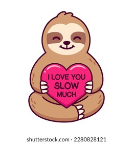 Funny cartoon sloth holding red heart saying I Love You Slow Much. Cute Valentine pun drawing, vector illustration.