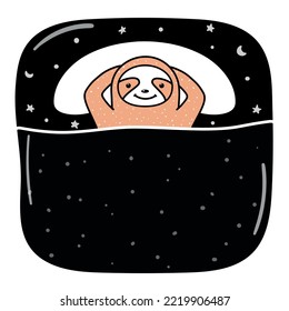 Funny Cartoon Sloth Lying In Bed. Insomnia Concept. Funny Animal Vector Illustration