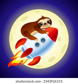 funny cartoon sloth on the rocket in cosmos. cute animal astronaut flying on moon background. vector illustration.