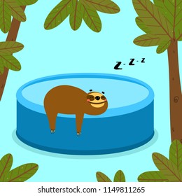 Funny cartoon sloth relaxing on the side of the pool, cute vector illustration