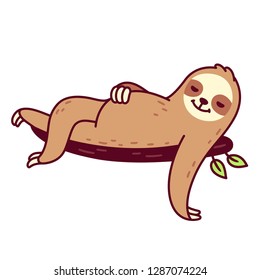 Funny cartoon sloth sleeping with full belly. Cute lazy character vector illustration.