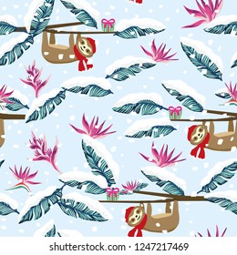 Funny cartoon sloth xmas gift box snowy tropical jungle seamless pattern blue background. Christmas winter lazybones