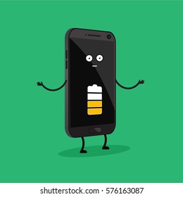 Funny cartoon smartphone with half charged battery. Vector illustration