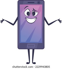 Funny cartoon smartphone shrugging. Phone mascot character