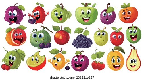 Funny cartoon smiley fruit vegetables food vector icon collection, apple watermelon grape banana strawberry