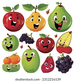 Funny cartoon smiley fruit vegetables food vector icon collection, apple watermelon grape banana strawberry