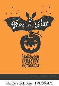 Funny cartoon smiling bat with spread wings and Trick or Treat lettering carrying carved Halloween pumpkin against orange background. Vector illustration for party invitation, festive banner, poster