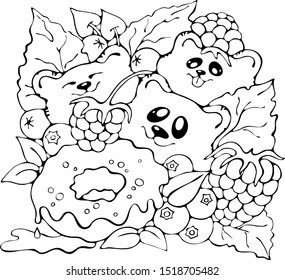Funny cartoon Smiling Bears in a fruit doodles, cute vector stock illustration, donut coloring page, friends party celebration, print for greeting / invitation card, black outlines on white background