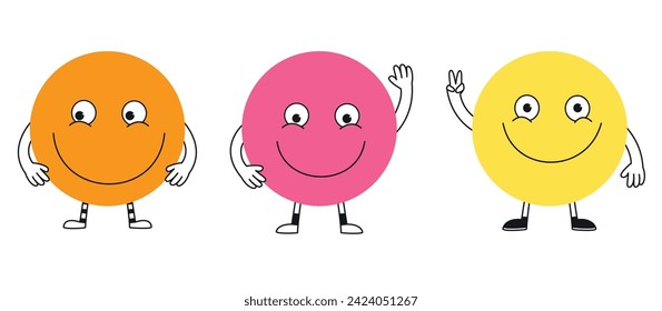 Funny cartoon smiling characters. Happy cheerful emoji with smiling faces.