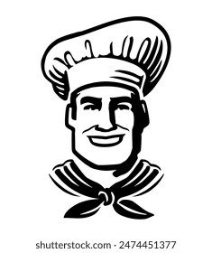 Funny cartoon smiling chef. Bakery, bistro, restaurant emblem or symbol. Male cook vector illustration