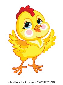 Funny cartoon smiling chicken. Cute animal. Vector illustration for postcard, posters, nursery design, greeting card, stickers or room decor, nursery t-shirt, kids apparel, invitation, book