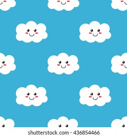 Funny cartoon smiling clouds seamless pattern background.