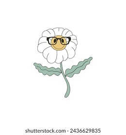 Divertido dibujo animado sonriente flor margarita nerd pupila en gafas ilustración vectorial aislado en blanco. Bonita mano dibujada de nuevo a la educación escolar impresión de diseño de postales.