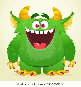 Funny cartoon smiling furry monster character. Illustration of cute and happy mythical alien creature. Halloween design. Great for party decoration, poster or package design