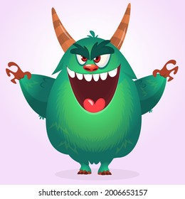 Funny cartoon smiling furry monster character. Illustration of cute and happy mythical alien creature. Halloween design. Great for party decoration, poster or package design