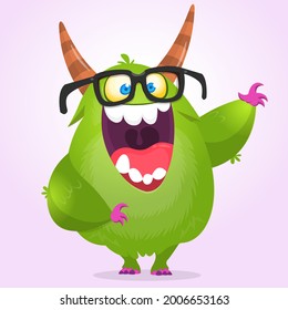 Funny cartoon smiling furry monster character. Illustration of cute and happy mythical alien wearing eyeglasses. Halloween design.